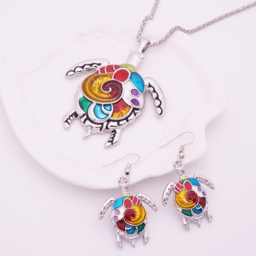 🔴 Colorful Enameled Silver Tortoise Set